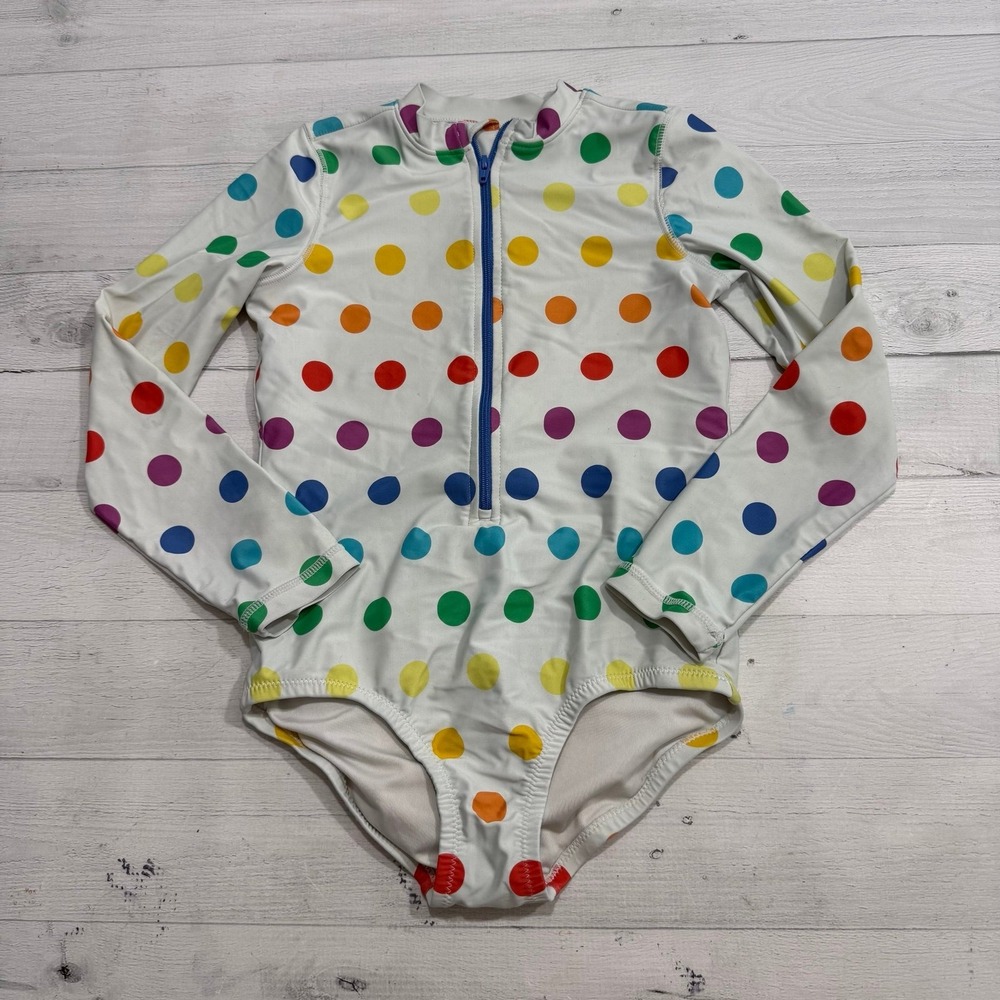 Primary girls one‎ piece rainbow polka dot swimsuit long sleeve rashguard 6/7